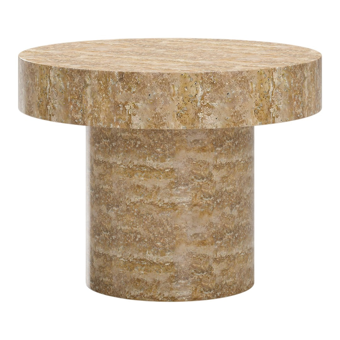 Round brown patterned table with a textured finish, featuring earthy tones and a minimalist design.