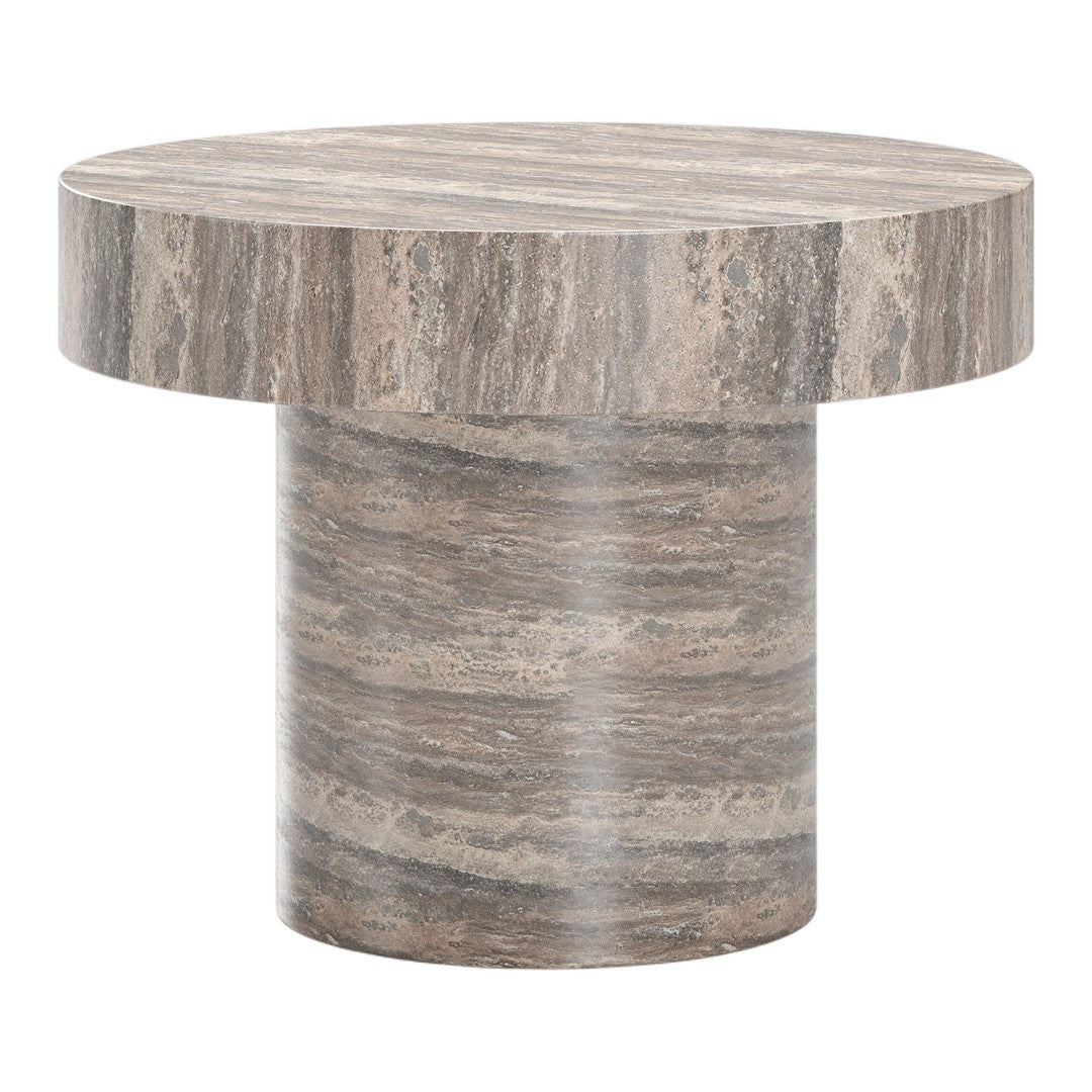 Round marble side table in earthy gray and beige tones with subtle striped patterns. Perfect for modern decor.