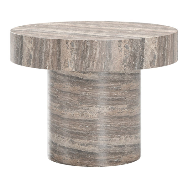 Round marble side table in earthy gray and beige tones with subtle striped patterns. Perfect for modern decor.
