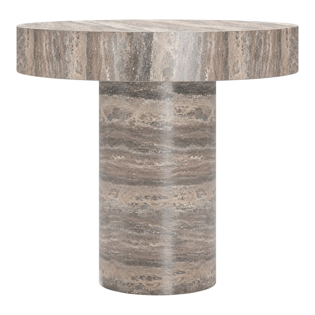 Round table in earthy tones with striped grey and beige patterns, featuring a solid cylindrical base.