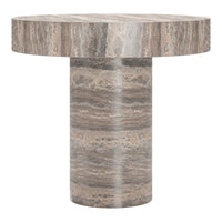 Round table in earthy tones with striped grey and beige patterns, featuring a solid cylindrical base.