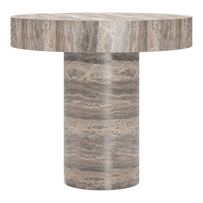 Round table in earthy tones with striped grey and beige patterns, featuring a solid cylindrical base.