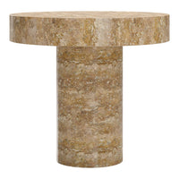 Round pedestal table in earthy beige tones with subtle textured patterns. Perfect for modern home decor.