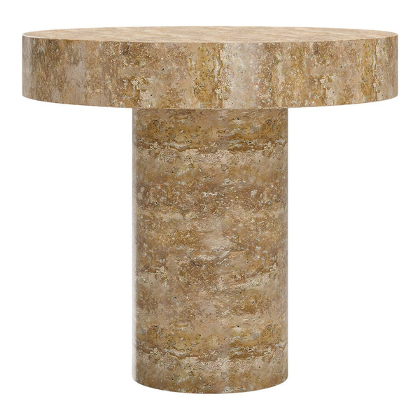 Round pedestal table in earthy beige tones with subtle textured patterns. Perfect for modern home decor.