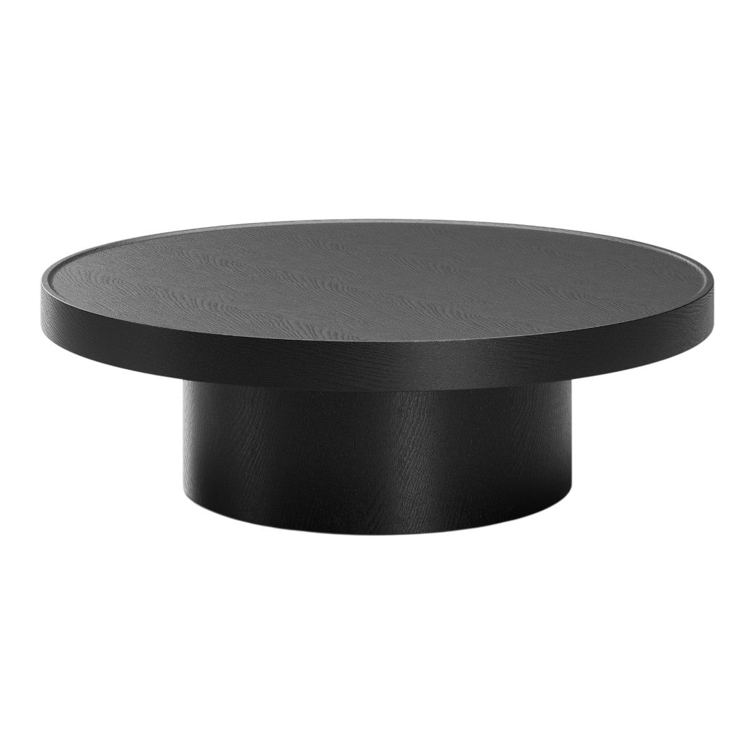 Round black tabletop with a smooth, matte finish and a sturdy cylindrical base, ideal for modern decor.