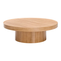 Round wooden coffee table in natural oak finish with a smooth surface and cylindrical base, showcasing minimalistic design.