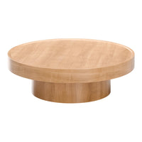 Round wooden coffee table in light natural wood finish with a smooth, minimalist design. Ideal for modern interiors.