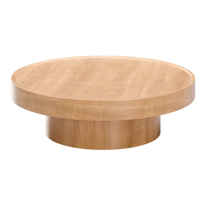 Round wooden coffee table in light natural wood finish with a smooth, minimalist design. Ideal for modern interiors.