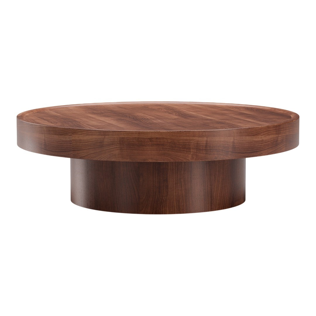 Round coffee table features a rich walnut finish with a smooth, wood grain pattern. Elegant and modern design.