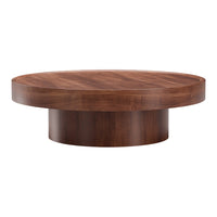 Round coffee table features a rich walnut finish with a smooth, wood grain pattern. Elegant and modern design.