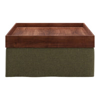 Wooden tabletop with a rich brown finish, complemented by a textured olive green fabric base.