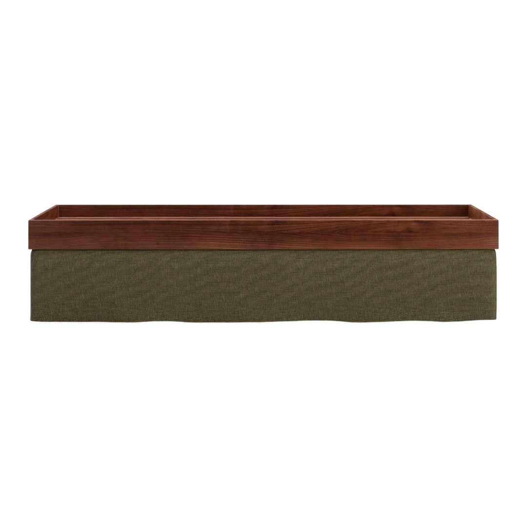 Wooden planter box with a rich brown top and textured olive green fabric base for stylish gardening.