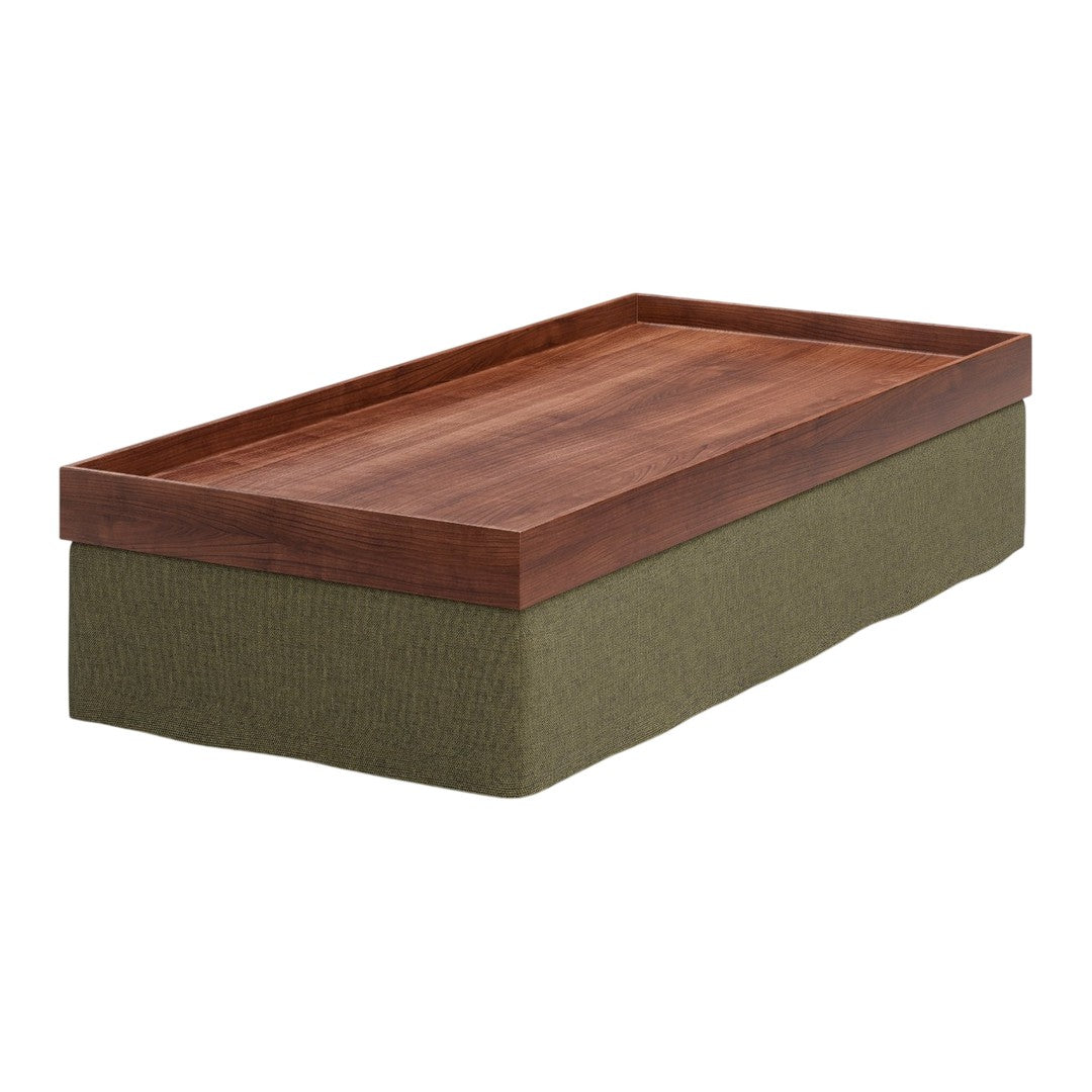 Rectangular wooden tray with a rich brown finish and a textured olive green fabric base. Perfect for home decor.
