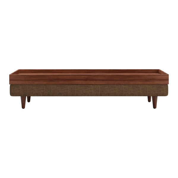 Mid-century modern coffee table featuring a warm walnut finish and a textured brown fabric base.
