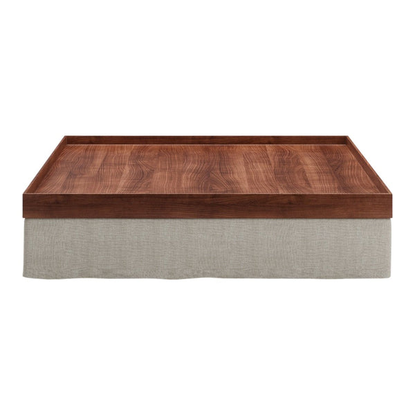 Wooden tabletop in rich brown with a soft, neutral-toned fabric base for a modern, minimalist look.