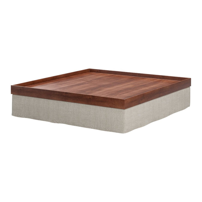 Square wooden coffee table with a rich brown top and a light beige fabric base for a modern look.