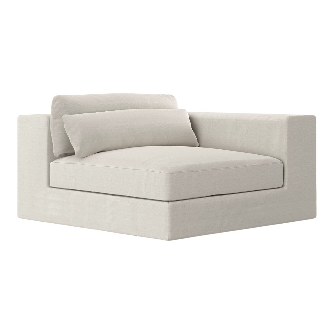 Light beige modern corner chair with smooth, minimalist lines and plush cushions. Perfect for contemporary decor.