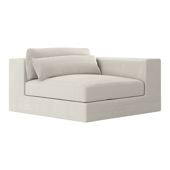 Light beige modern corner chair with smooth, minimalist lines and plush cushions. Perfect for contemporary decor.