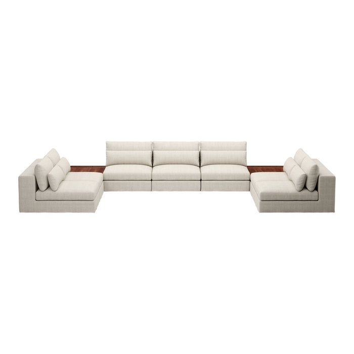 L-shape sectional sofa in soft beige fabric with a minimalist design and accent wood detailing.