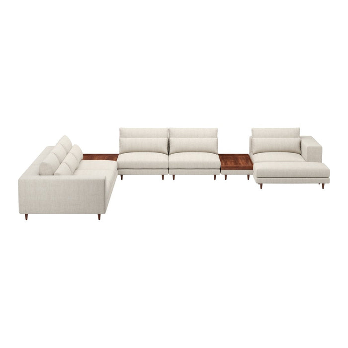 Light beige sectional sofa with smooth fabric and wooden accents, featuring a modern and minimalist design.