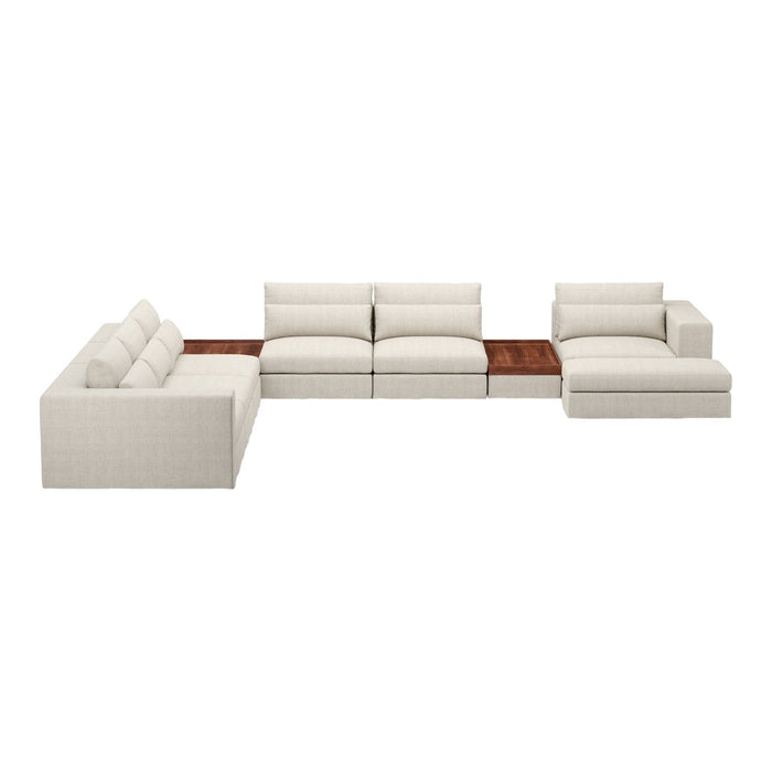 Luxe cream sectional sofa with plush cushions and a sleek wood accent, featuring a modern minimalist design.
