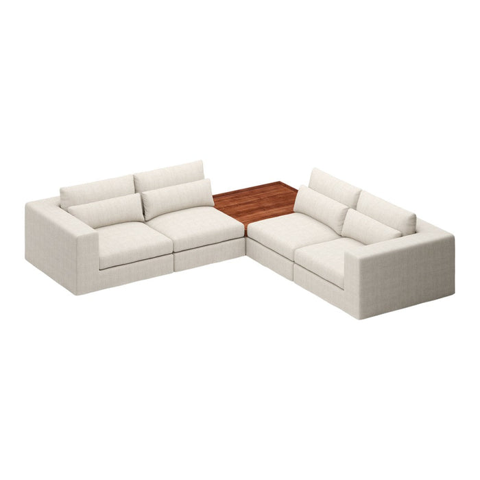Beige sectional sofa with textured fabric and a natural wood accent table. Minimalist design, perfect for modern decor.