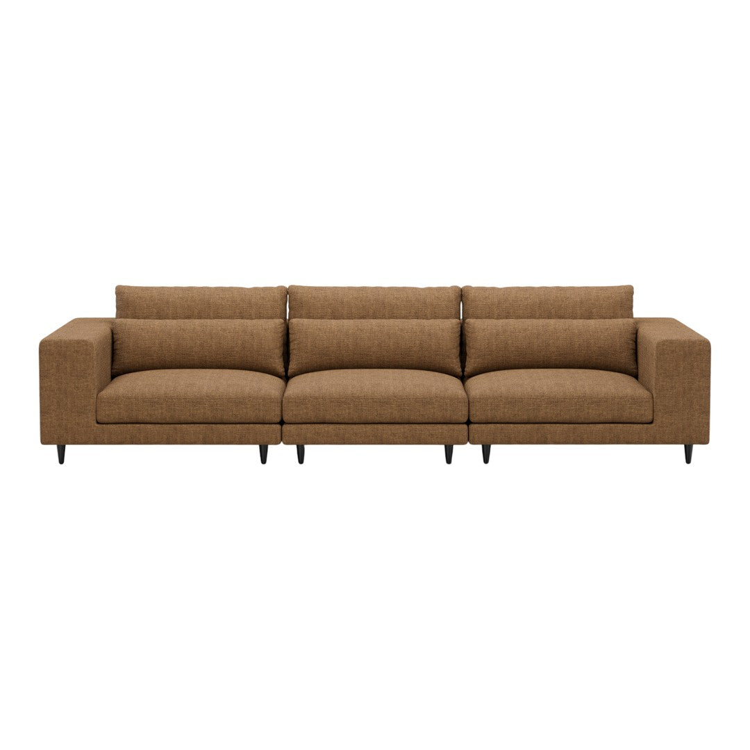 Brown upholstered sofa with a textured fabric and minimalist design, featuring straight lines and clean edges.