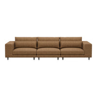 Brown upholstered sofa with a textured fabric and minimalist design, featuring straight lines and clean edges.