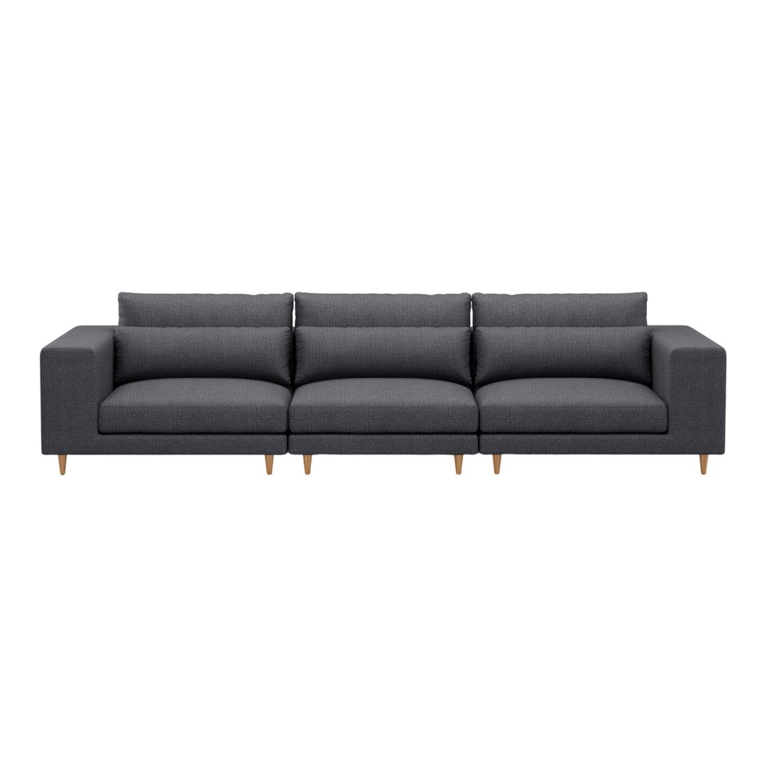 Modern gray sofa with clean lines and subtle texture, featuring wooden legs for a contemporary look.