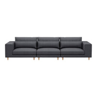 Modern gray sofa with clean lines and subtle texture, featuring wooden legs for a contemporary look.
