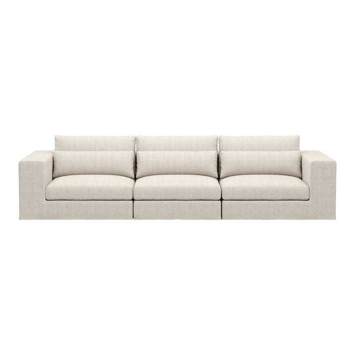 Textured light beige sofa with clean lines and a modern design, featuring wide plush cushions for comfort.