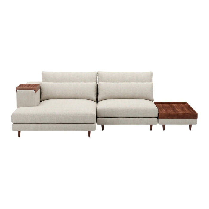 Light beige fabric sectional sofa with wooden armrest and side table, featuring clean lines and modern design.