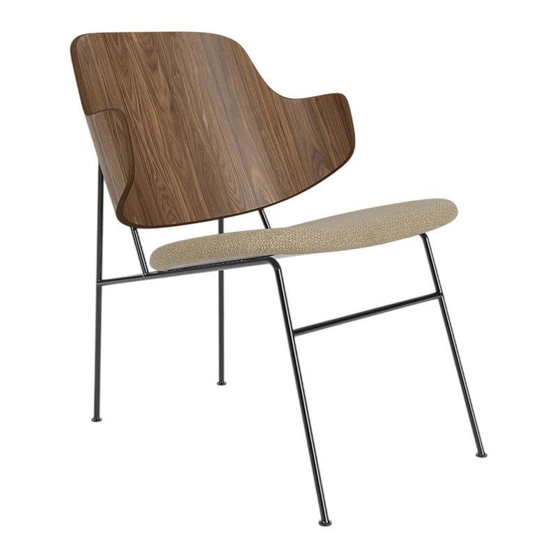 Modern chair featuring a walnut wood finish with a beige fabric seat and sleek black metal legs.