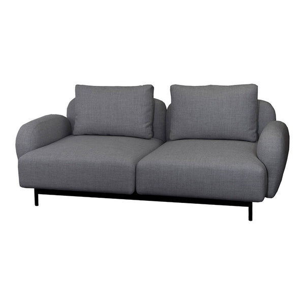 Stylish gray fabric sofa with clean lines and plush cushions, complemented by sleek black metal legs.
