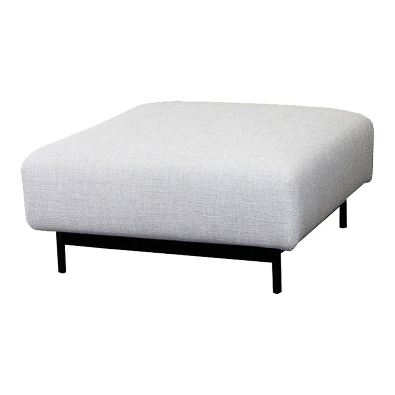 Light gray upholstered ottoman with a smooth texture and sleek black metal legs. Modern design for versatile decor.