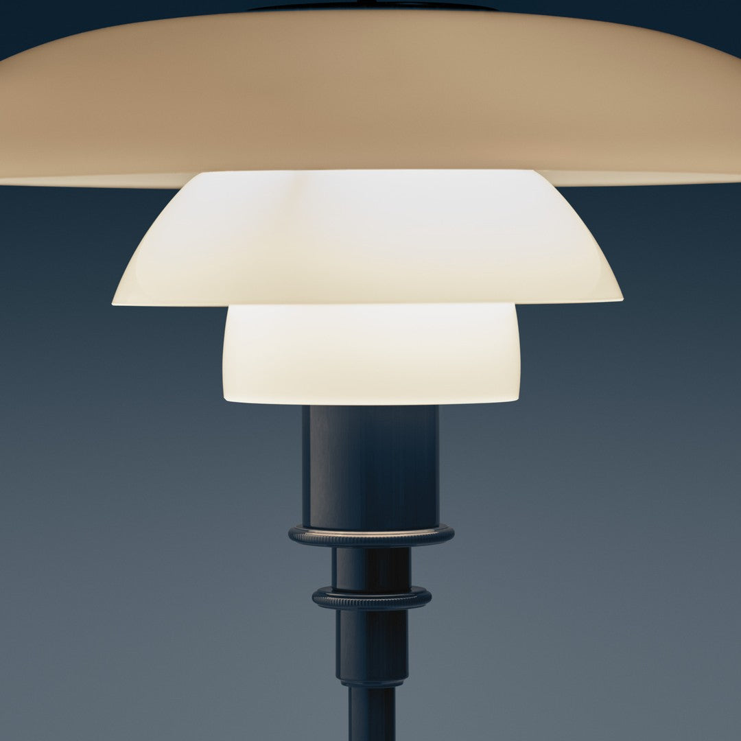 Modern lamp featuring layered white and cream shades with a sleek black base, perfect for contemporary decor.