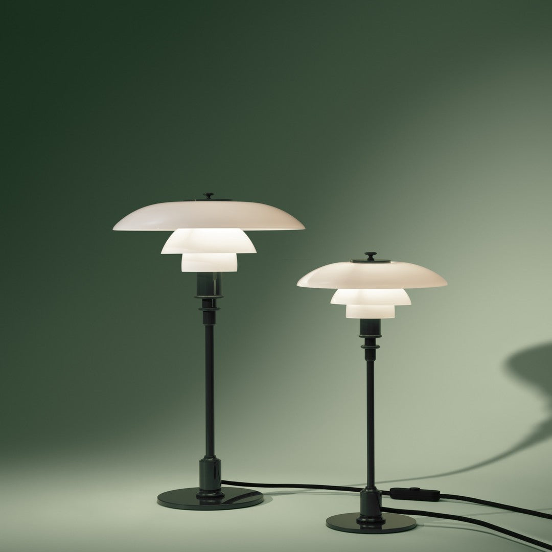 Set of two modern lamps featuring white shades and black bases against a muted green background.