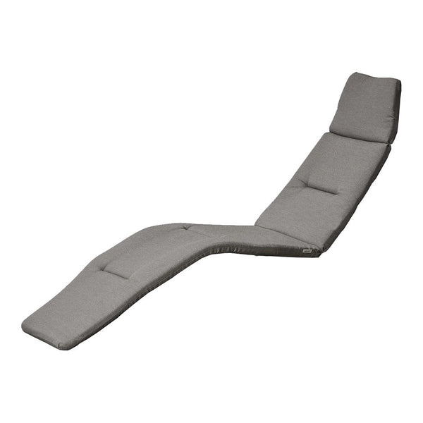Gray adjustable lounge chair with simple, modern design and soft, cushioned fabric. Ideal for outdoor relaxation.