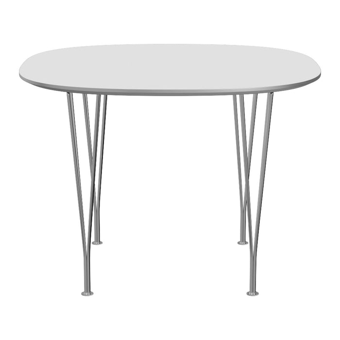 Round white table with sleek silver legs, featuring a minimalist design and smooth surface. Ideal for modern decor.