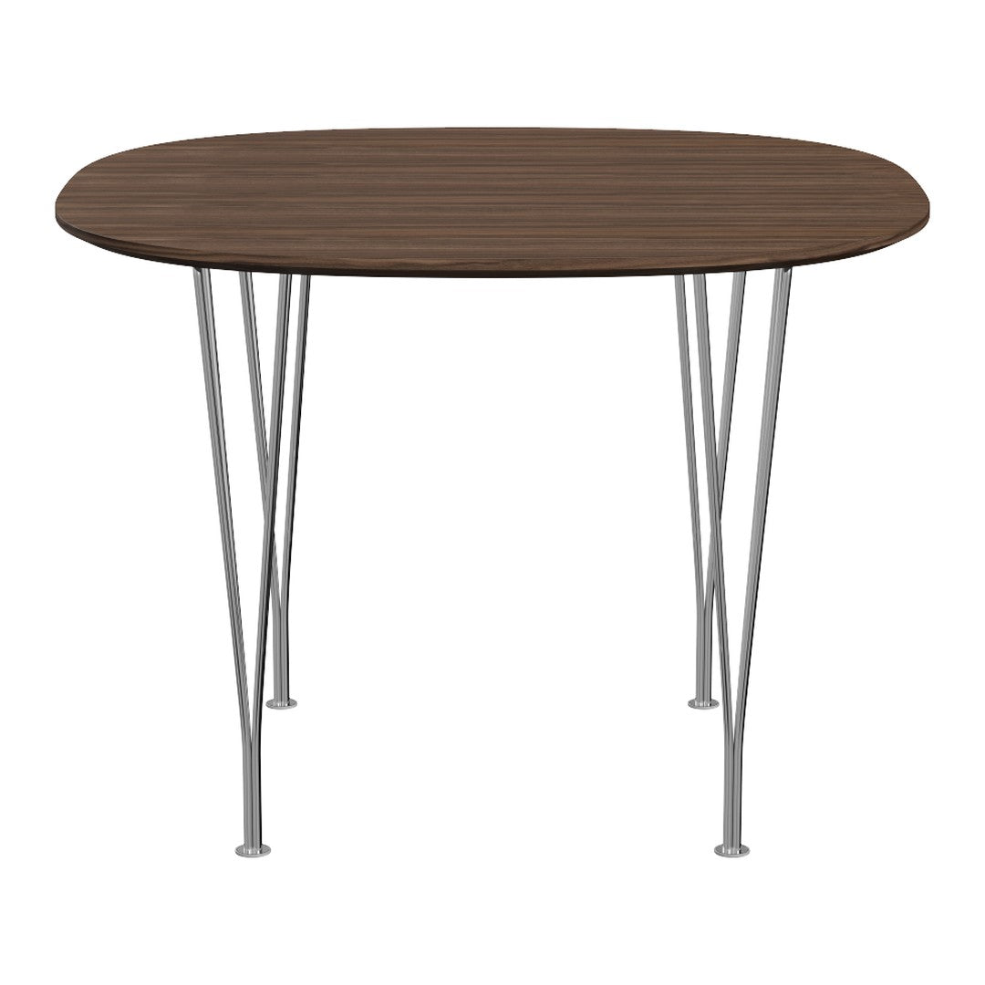 Round wooden dining table in rich brown with sleek silver metal legs. Minimalist design, perfect for modern decor.