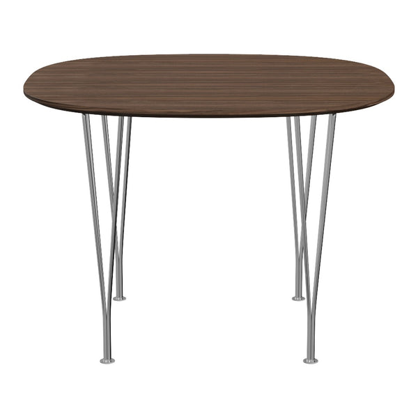 Round wooden dining table in rich brown with sleek silver metal legs. Minimalist design, perfect for modern decor.