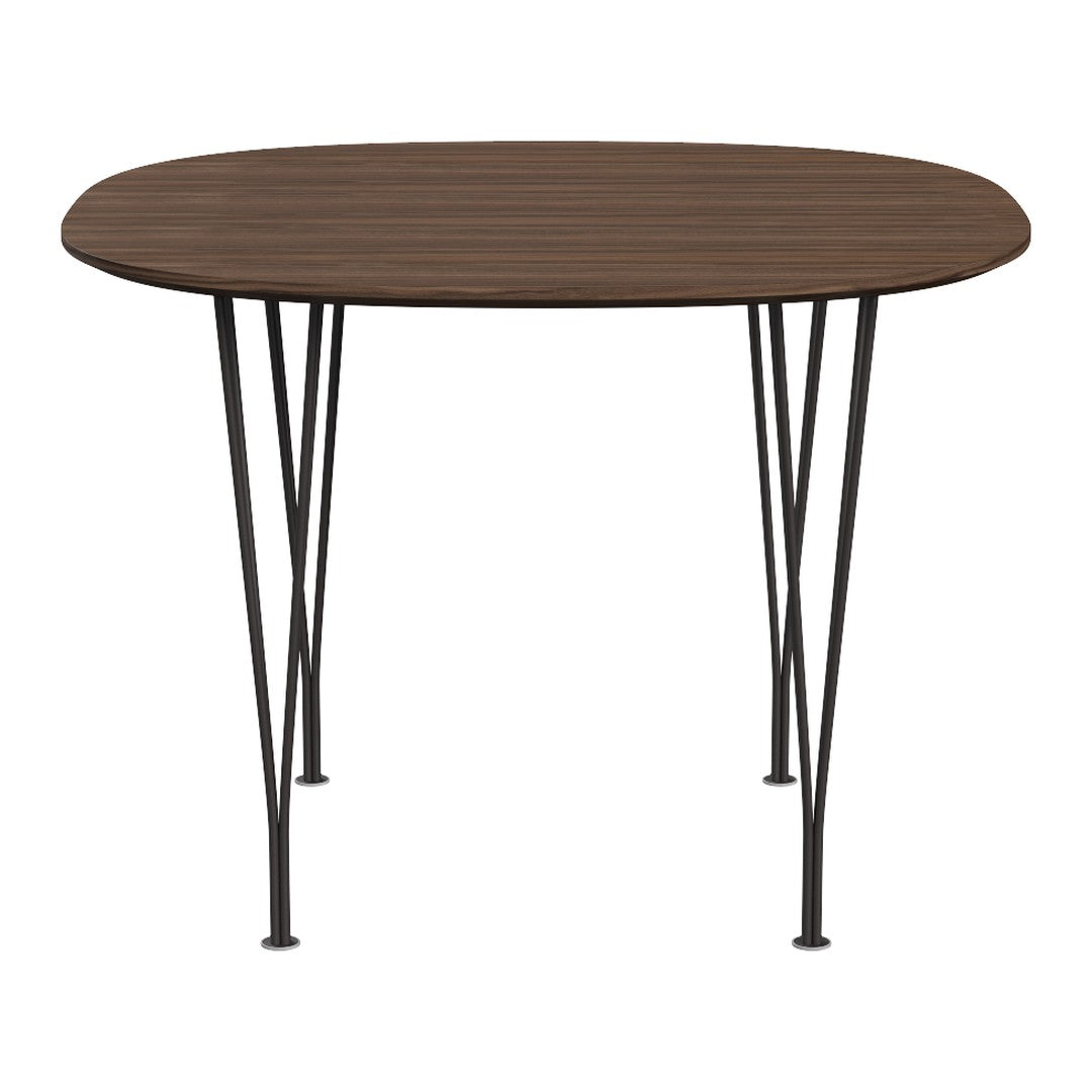 Brown oval tabletop with a wood grain pattern, supported by sleek black metal legs. Ideal for modern decor.