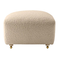 Cream-colored upholstered ottoman with a textured pattern, featuring gold legs for an elegant touch.