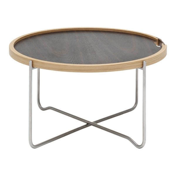 Round coffee table with a dark wood surface, light wooden rim, and silver metal legs, showcasing a modern minimalist design.