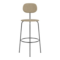 Beige upholstered bar stool with sleek black metal legs, modern design, and minimalist aesthetic. Perfect for any decor.