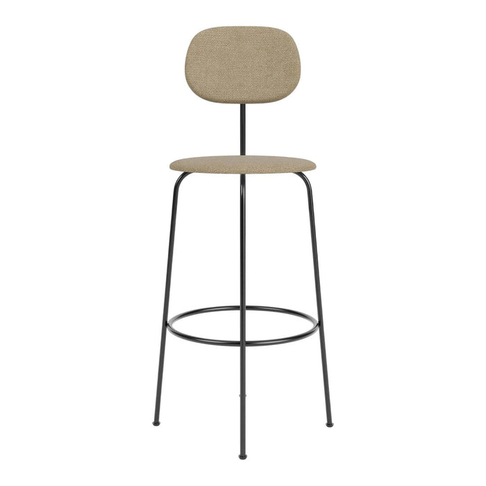 Beige upholstered bar stool with sleek black metal legs, modern design, and minimalist aesthetic. Perfect for any decor.