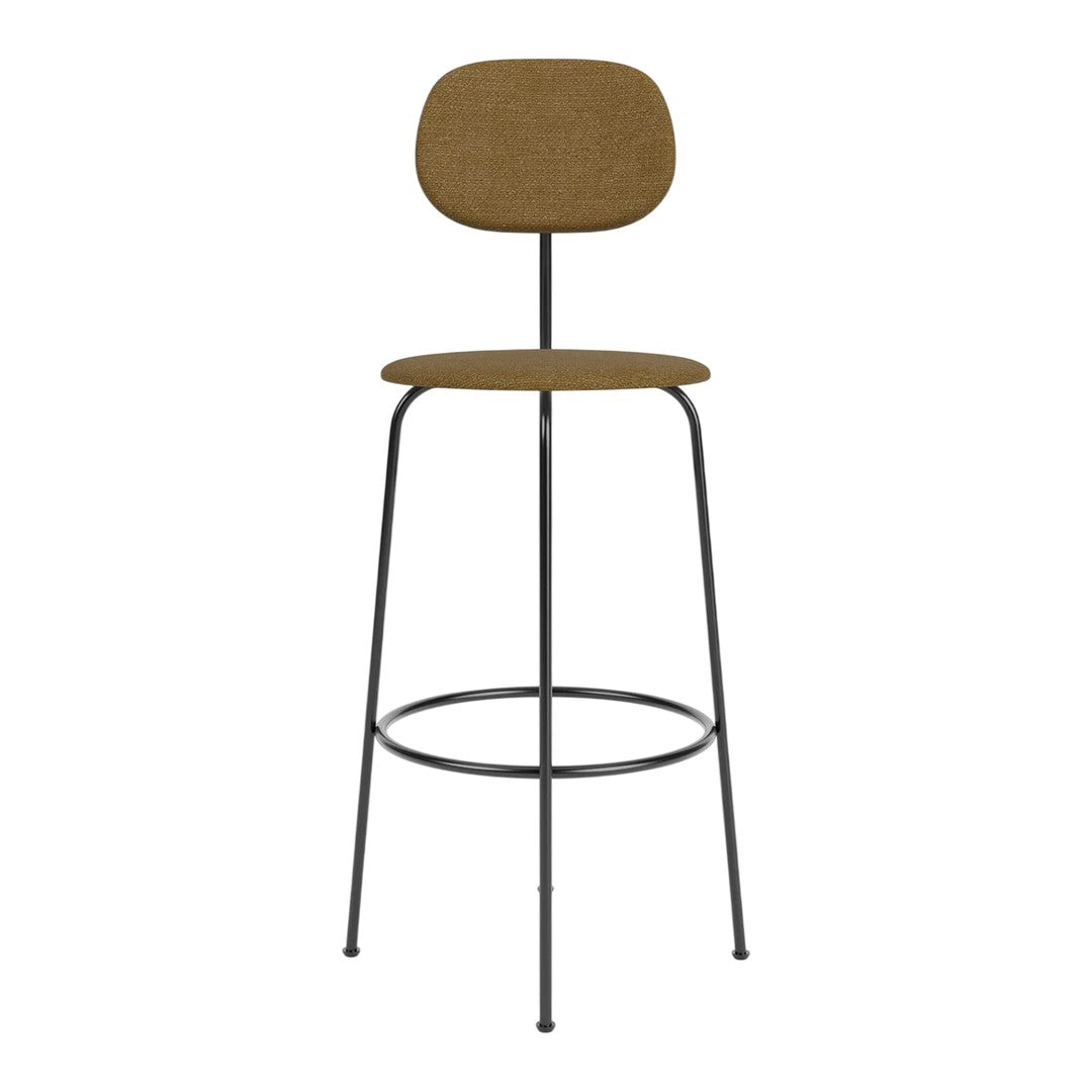 Brown upholstered bar stool with a simple, modern design and black metal legs, suitable for various decor styles.
