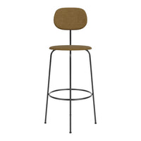 Brown upholstered bar stool with a simple, modern design and black metal legs, suitable for various decor styles.