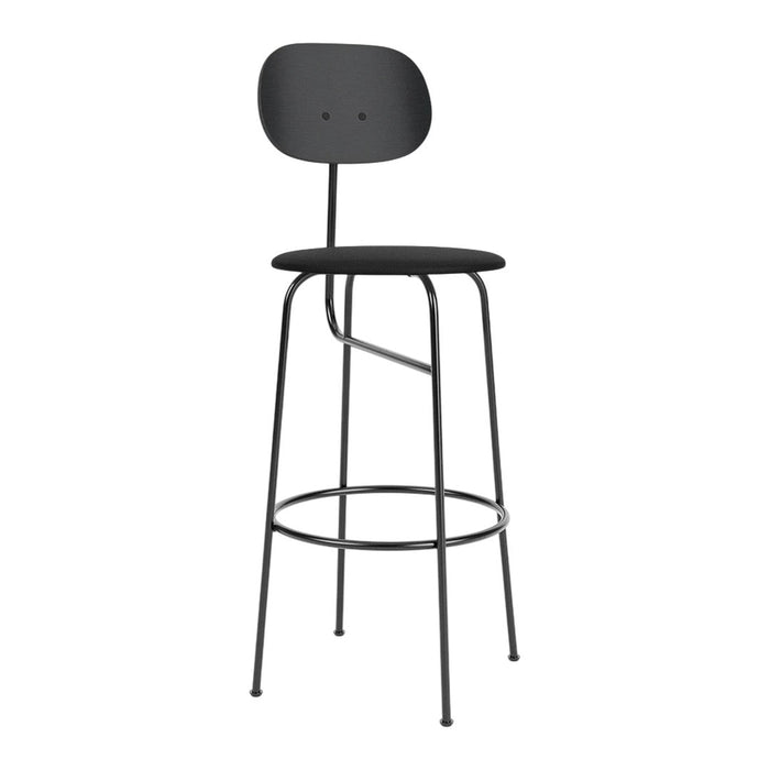 Black metal bar stool with a simple, sleek design and rounded backrest, perfect for modern interiors.