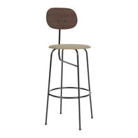 Wooden bar stool with a walnut backrest, light beige seat, and sleek black metal legs for a modern look.